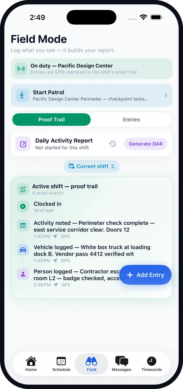 Garrizon guard app — Field Mode screen on iPhone