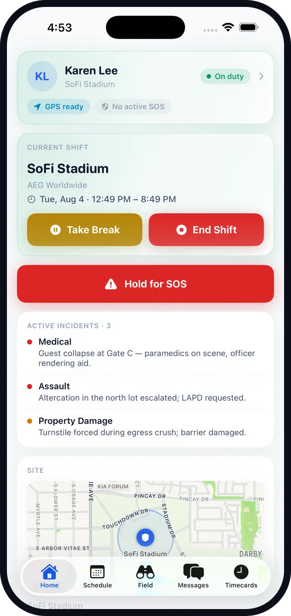 Garrizon guard app on iPhone — live shift status and safety actions