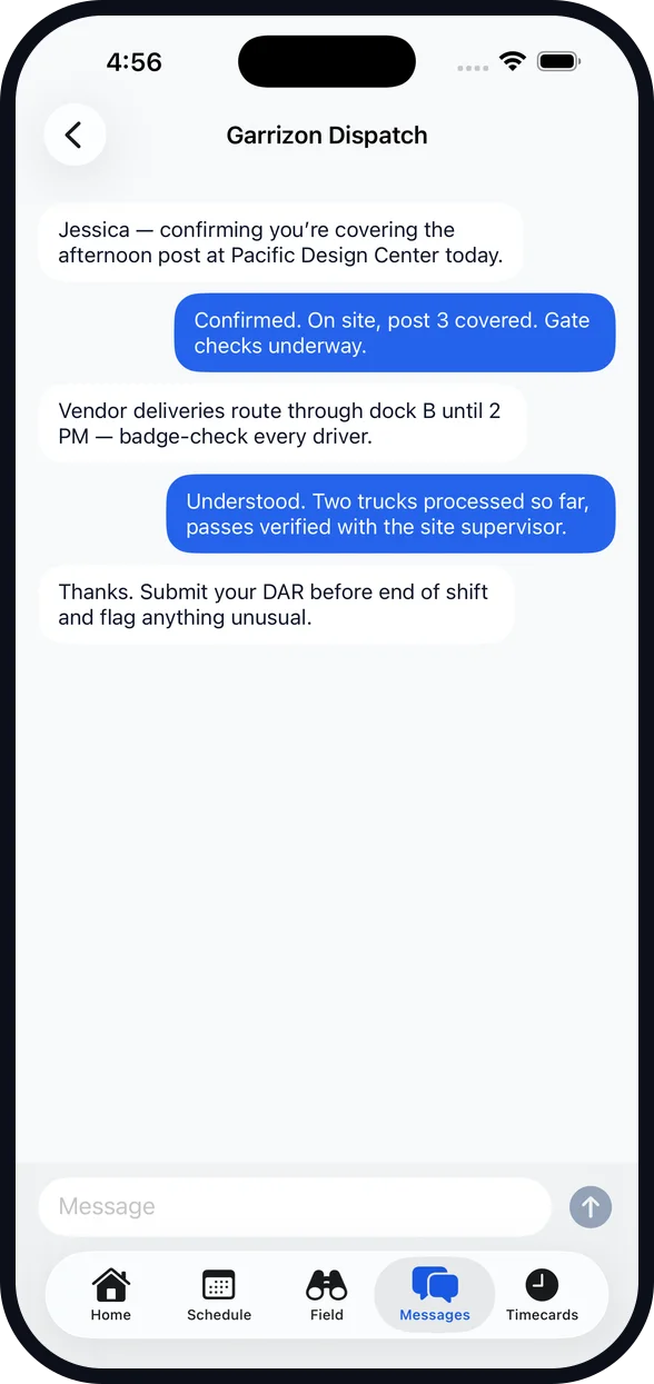 Garrizon guard app — Messages screen on iPhone