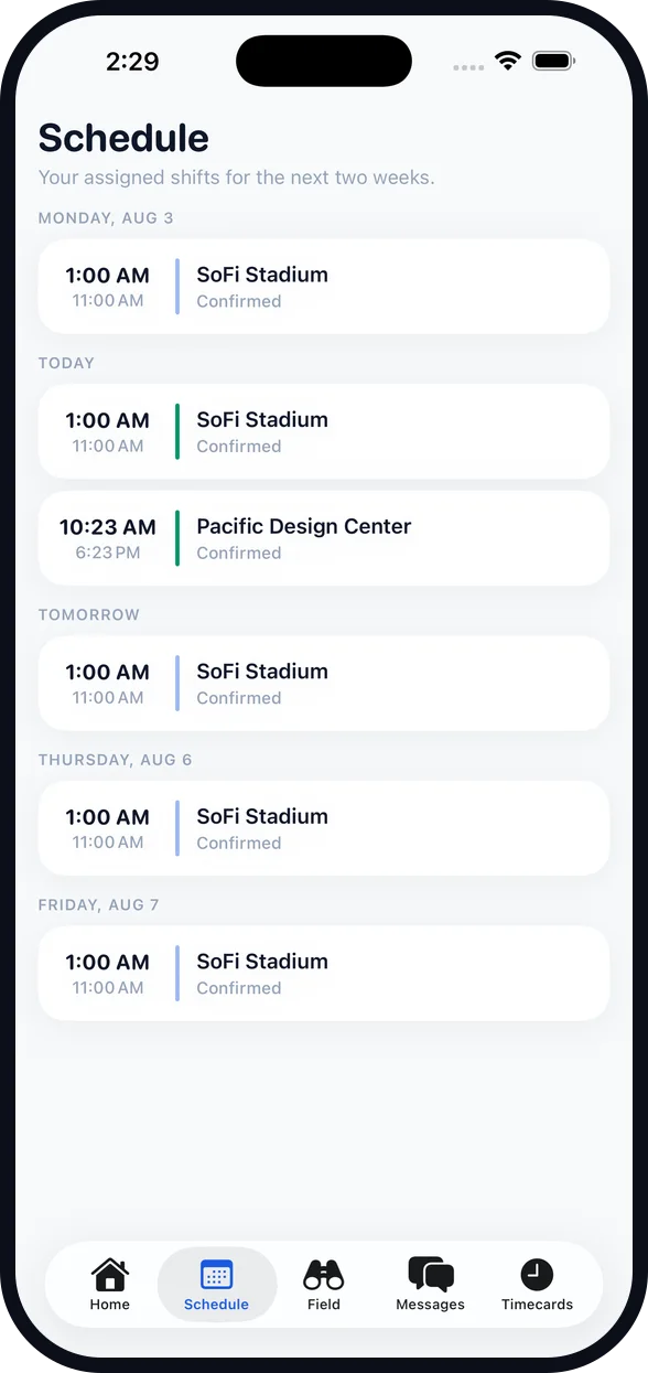 Garrizon guard app — Schedule screen on iPhone
